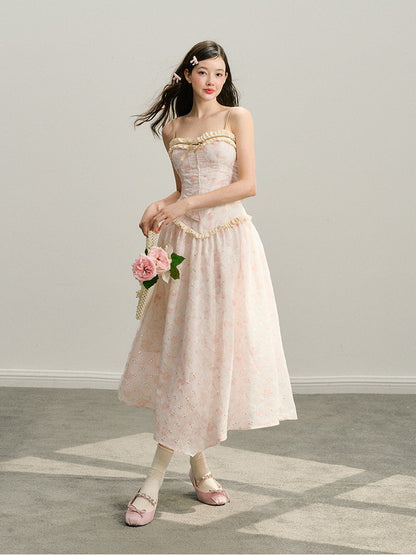 Set-Up Flower Feminine Cute Frill Camisole Bustier＆Long-Skirt