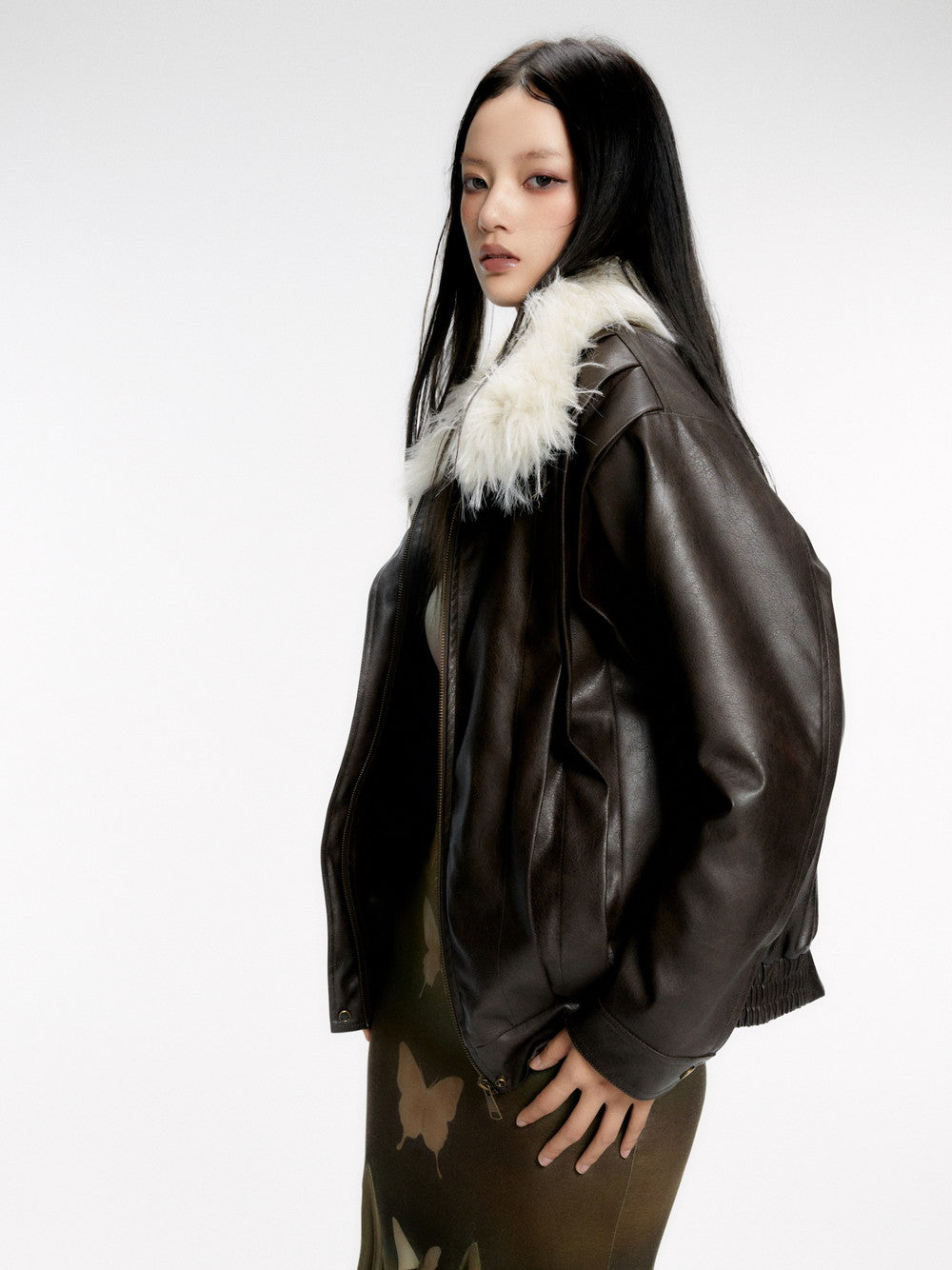 Fur-Neck Smooth Ovresize High-End Leather-Jacket