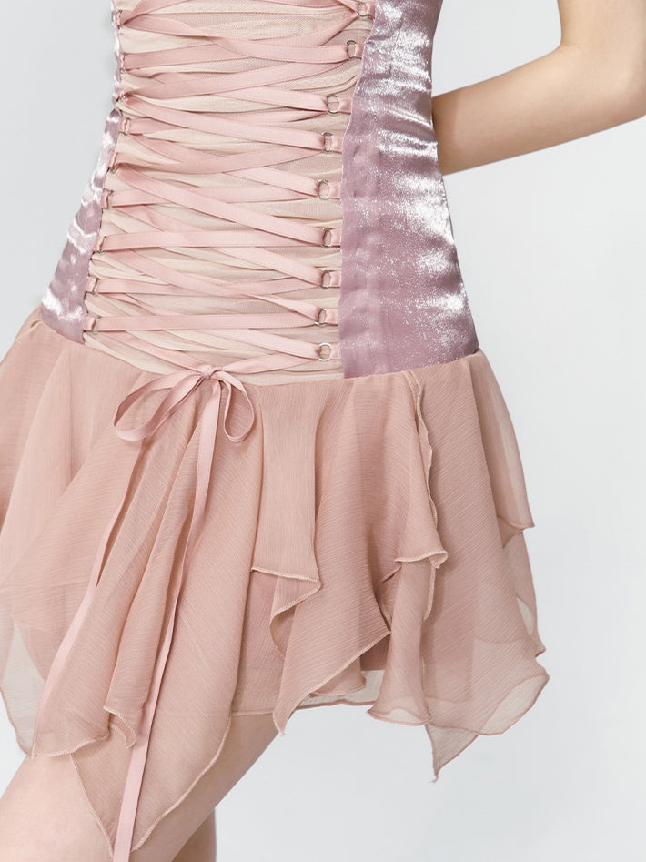 Lace-Up Dress Ruffle Princess One-Piece