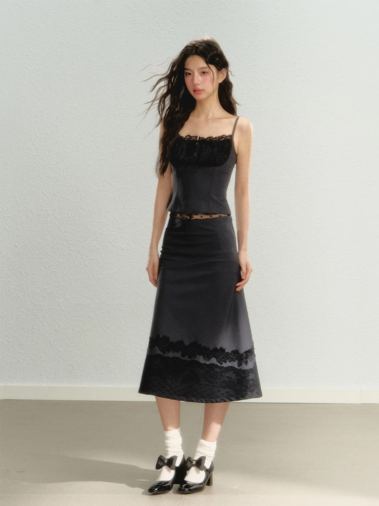 Set-Up Lace Ribbon Feminine Camisole＆Long-Skirt