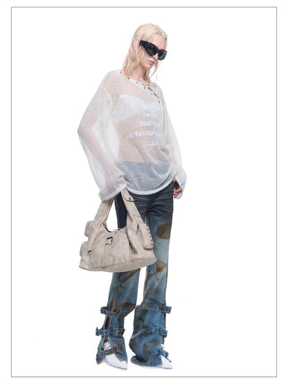 Mesh See-Through Asymmetry Lace-Up Oversize Tops