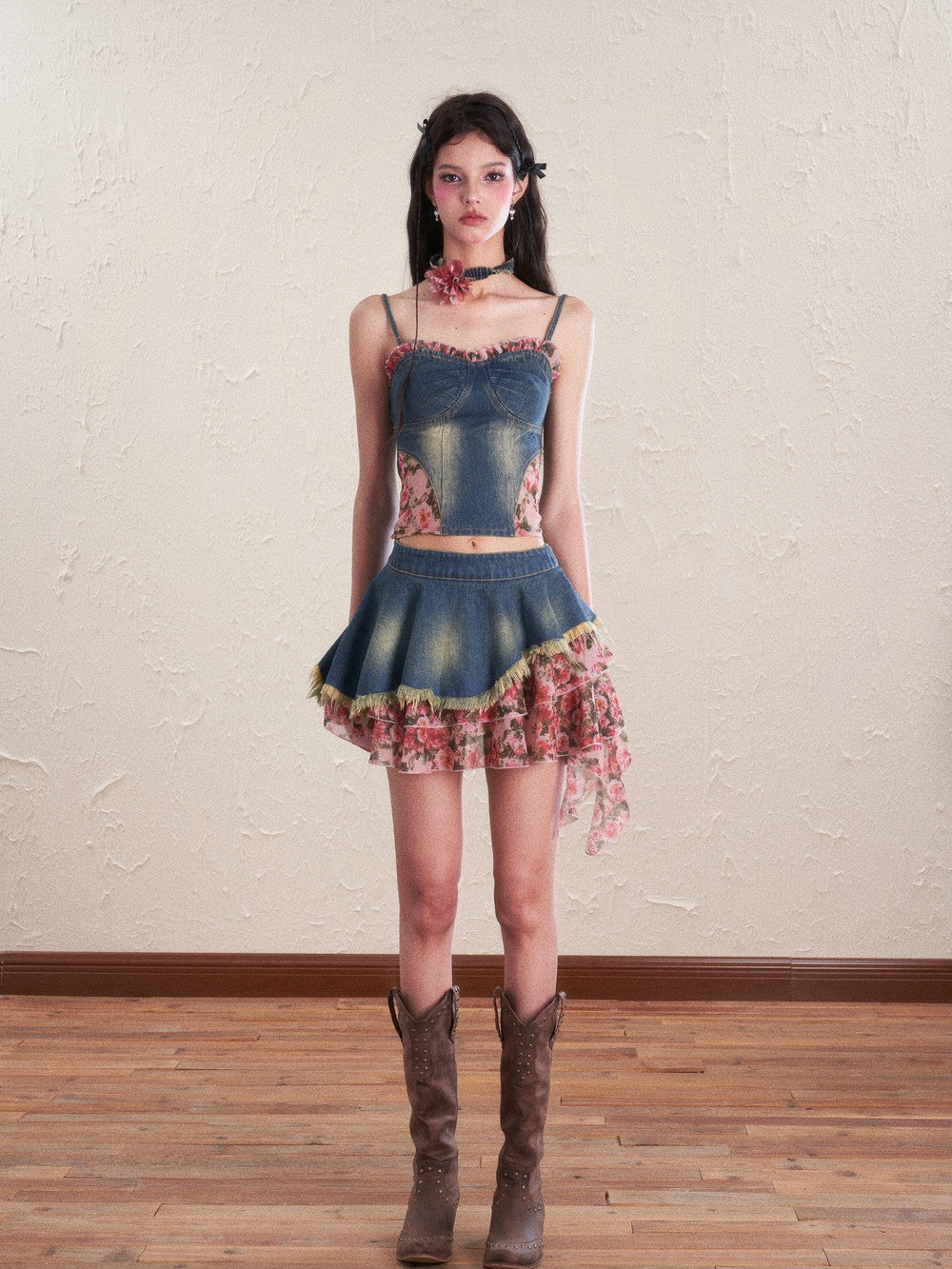 Denim Flower Mix Asymmetry Ciffon Feminine Tops&amp;Mini-Skirt