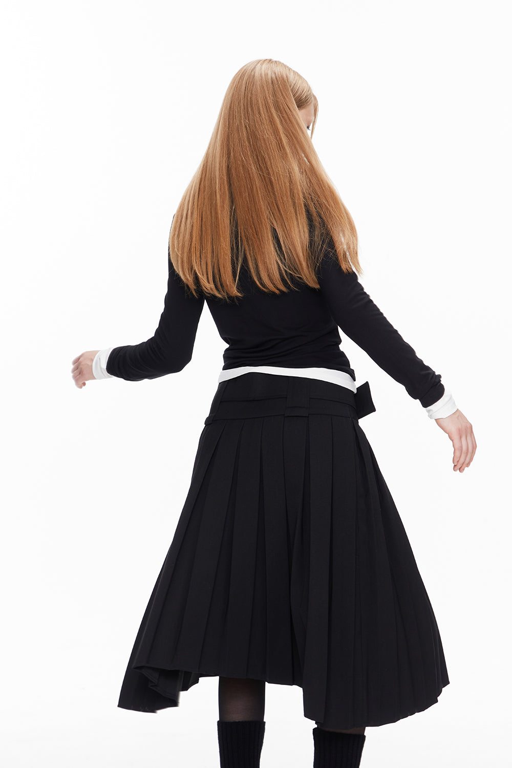 Pleats Asymmetry Belt Long-Skirt