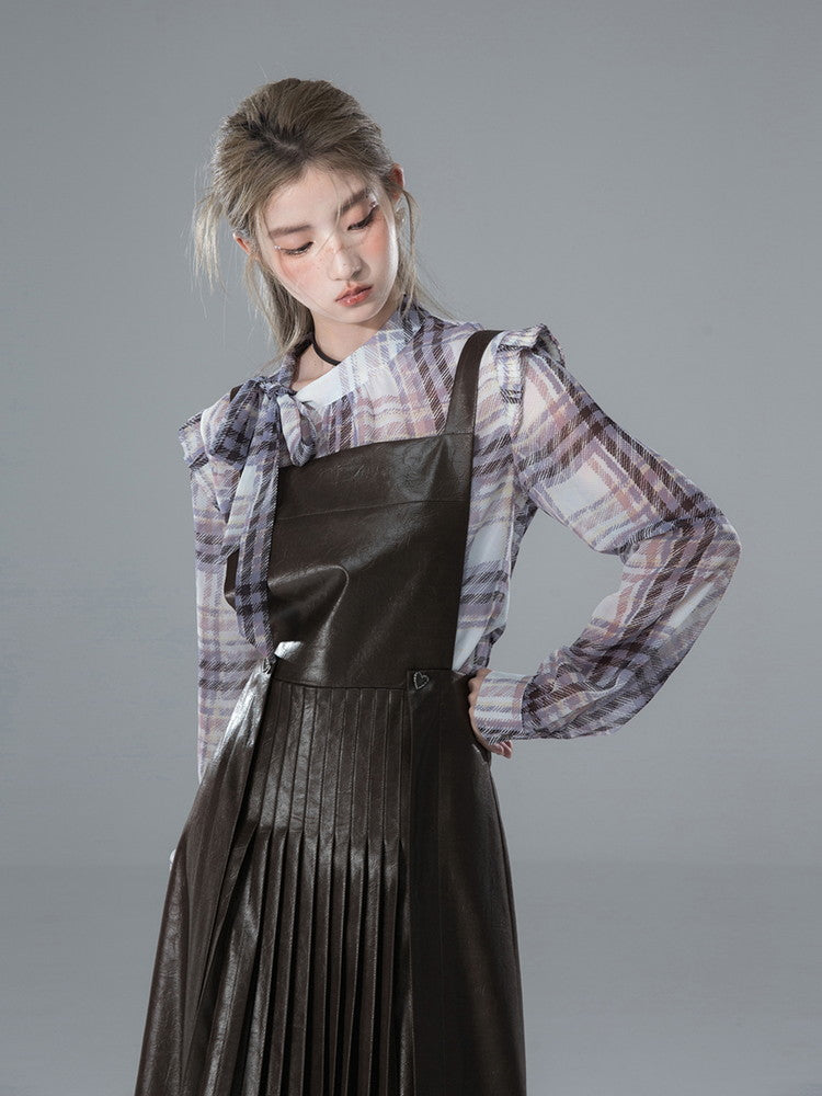 Leather Pleats Suspenders Long Plain Dress