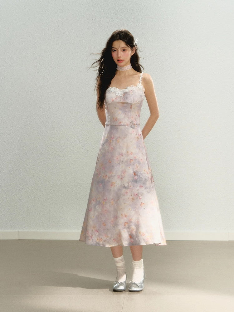 Flower Pale-Tone Lace Butterfly Camisole Dress