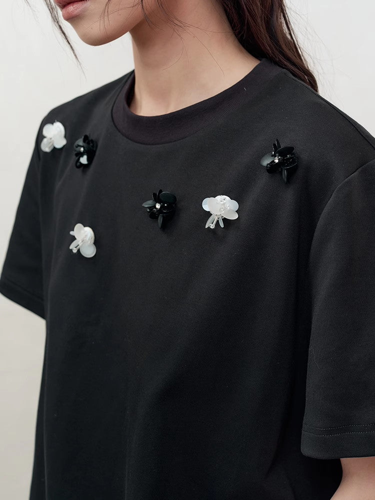 Beads Crew-Neck Crystal Flower Nichi T-Shirt