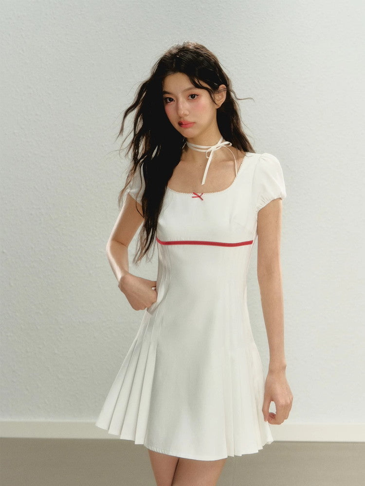 Side-Pleats Simple Flare Short Ribbon Bi-Color Dress