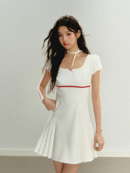 Side-Pleats Simple Flare Short Ribbon Bi-Color Dress