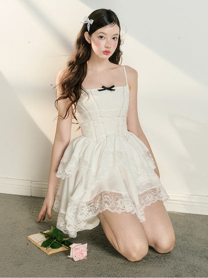 Camisole Lace Feminine Flower Tiered Short Dress