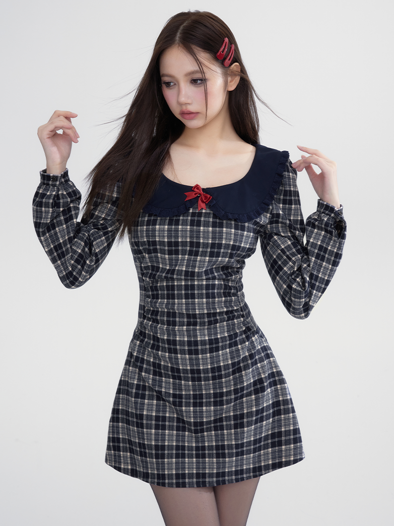 Checked Ribbon Frill-Collar Girly Retro One-Piece