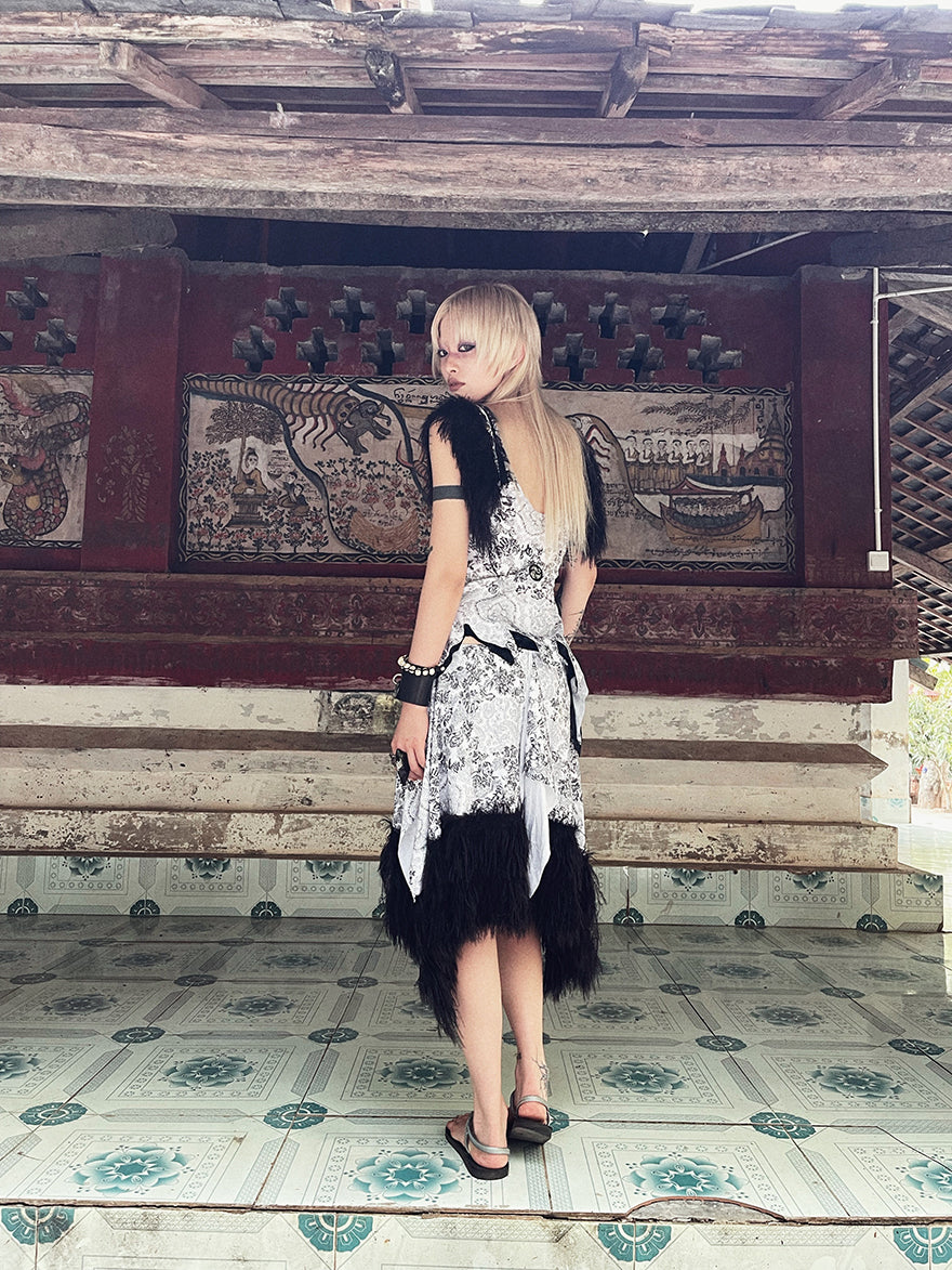 Fur Asymemtry Lace Flower Monotone Tops&amp;Skirt