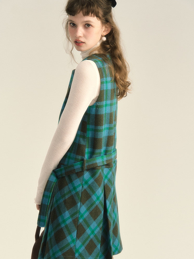 Wool Checked Sleeveless U-Neck Layered One-Piece