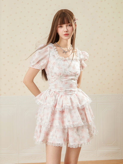 Flower Lace-Up Puff-Sleeve Feminine Tiered Lace Dress