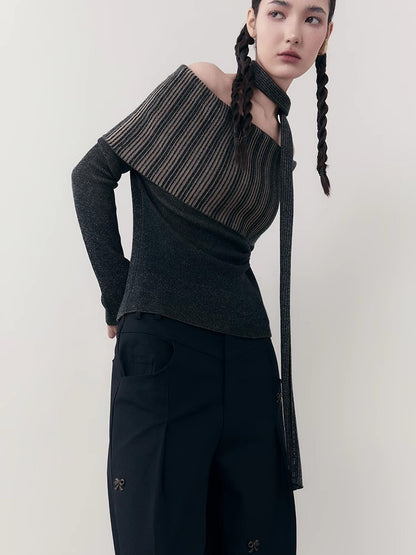 Off-Shoulder Stripe Long-Tie Retro Knit