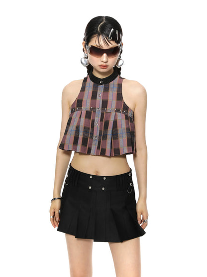 Checked Falten Flare Sleevesss Cropped Tops