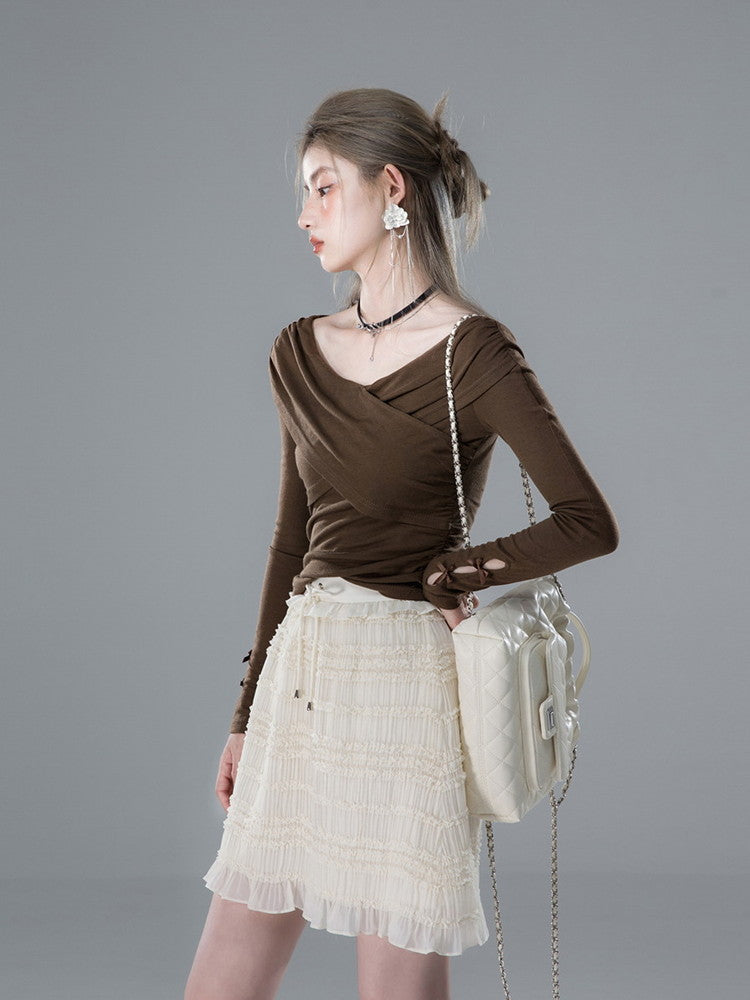 Lace Frill Sheer Short Pleats Crumply Skirt