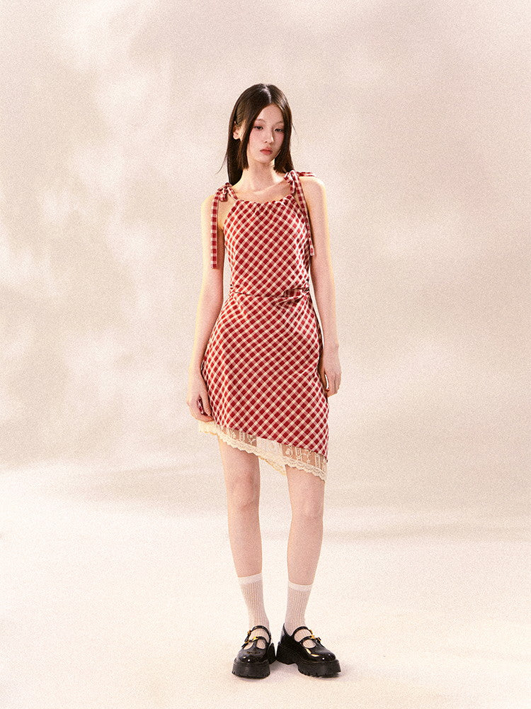 Checked Girly Asymmetry Lace Shoulder-Ribbon Dress