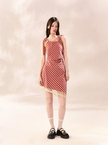 Checked Girly Asymmetry Lace Shoulder-Ribbon Dress