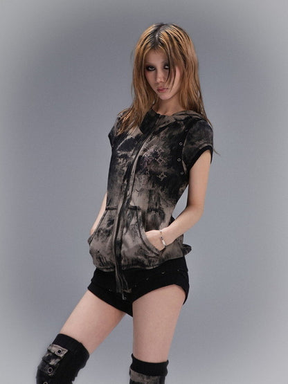 Tie-Dye Hoodie No-Sleeve Stud Vintage Tops