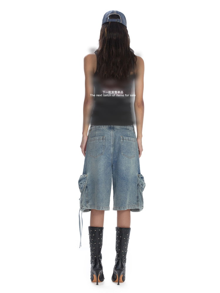 Denim Drawstring Loose Big-Pocket Half-Pants