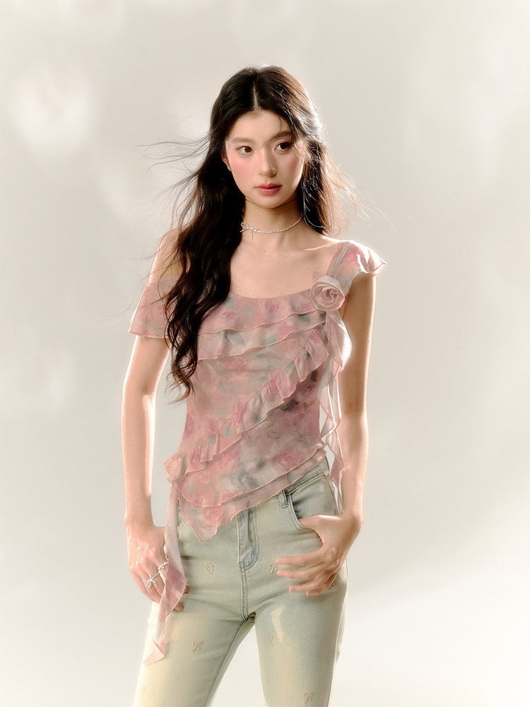 Asymmetry Ciffon Frill Flower Rose Drape Tops