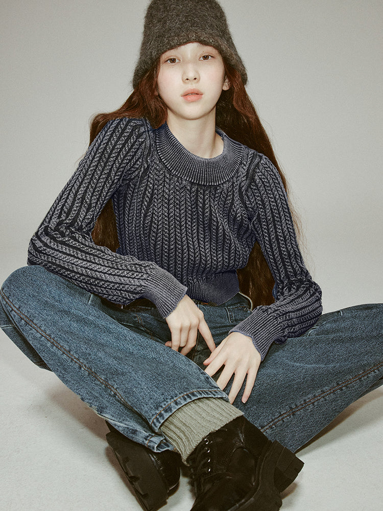 Denim-Blue Short Cable-Knit Retro Round-Neck Tops