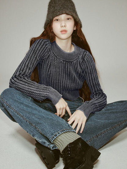 Denim-Blue Short Cable-Knit Retro Round-Neck Tops