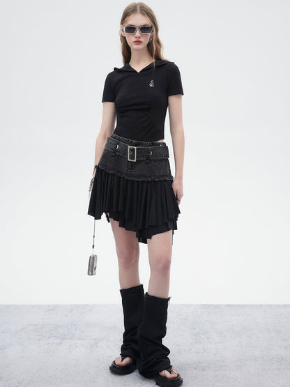 Denim Mix Pleats Belt Asymmetry Skirt