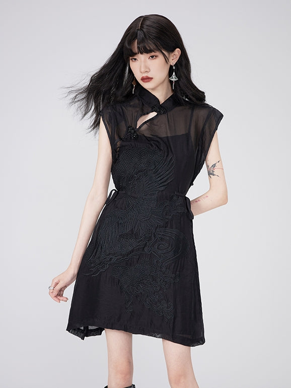 Embroidery China Sheer Mao-Collar Mini-One-Piece