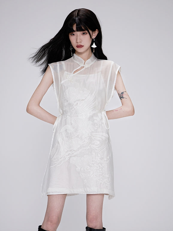 Stickerei China Sheer Mao-Collar Mini-One-Piece