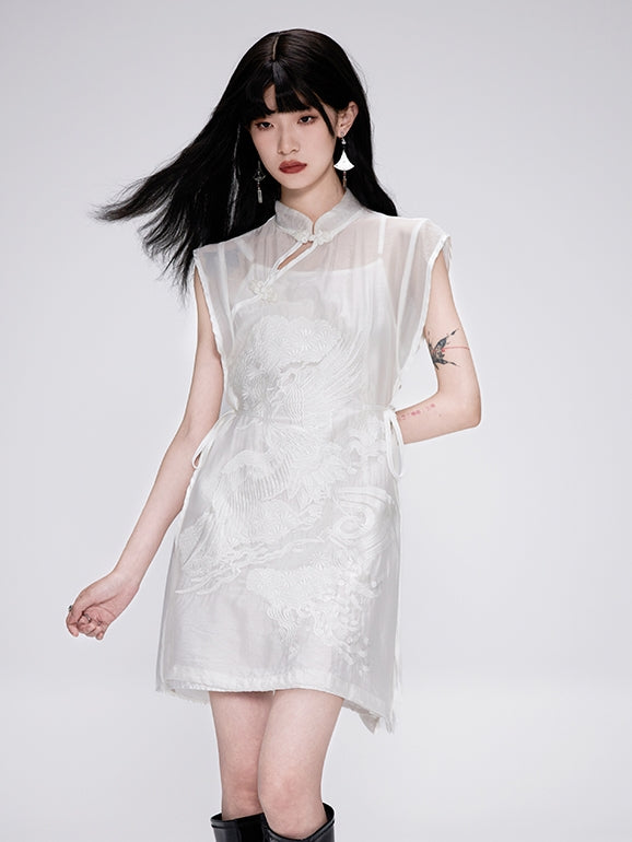 Stickerei China Sheer Mao-Collar Mini-One-Piece