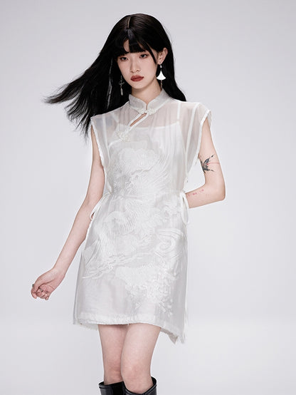 Embroidery China Sheer Mao-Collar Mini-One-Piece