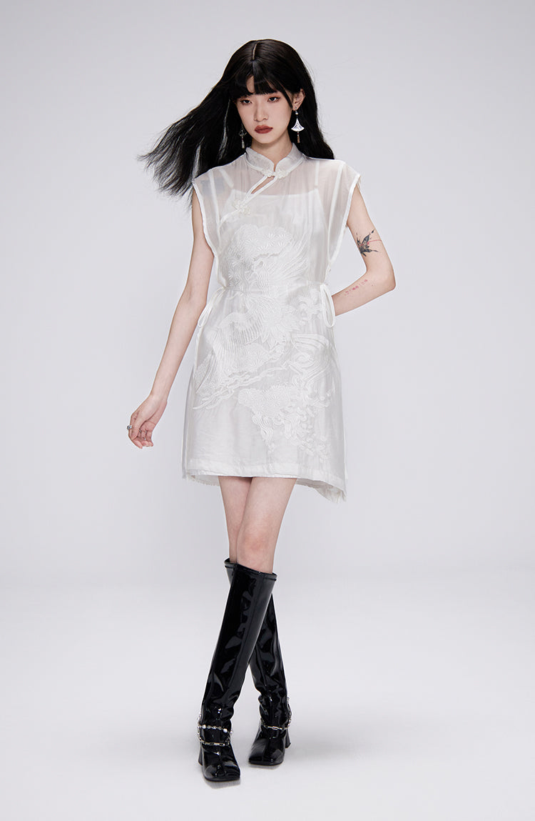 Embroidery China Sheer Mao-Collar Mini-One-Piece