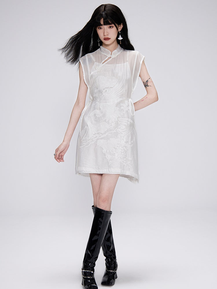 Embroidery China Sheer Mao-Collar Mini-One-Piece