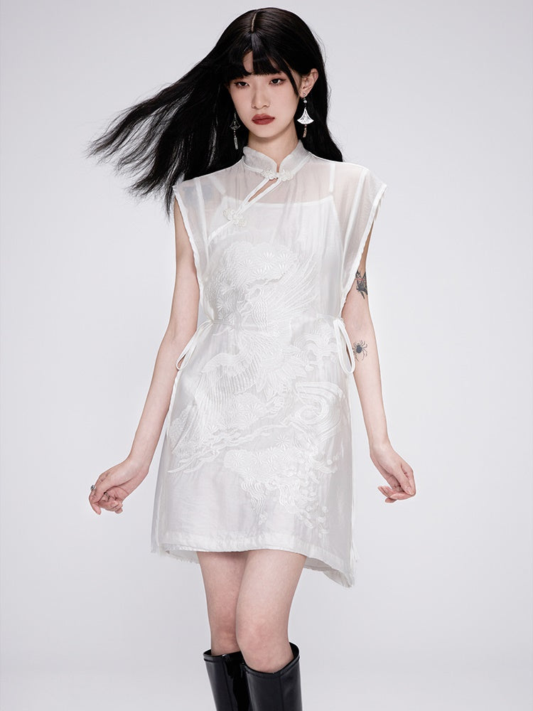 Stickerei China Sheer Mao-Collar Mini-One-Piece