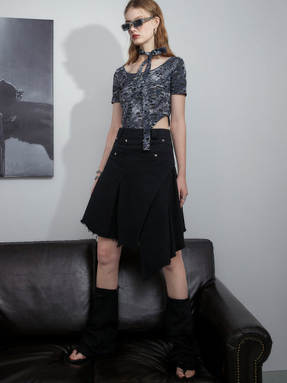 Asymmetry Damage Cut-Off Skirt