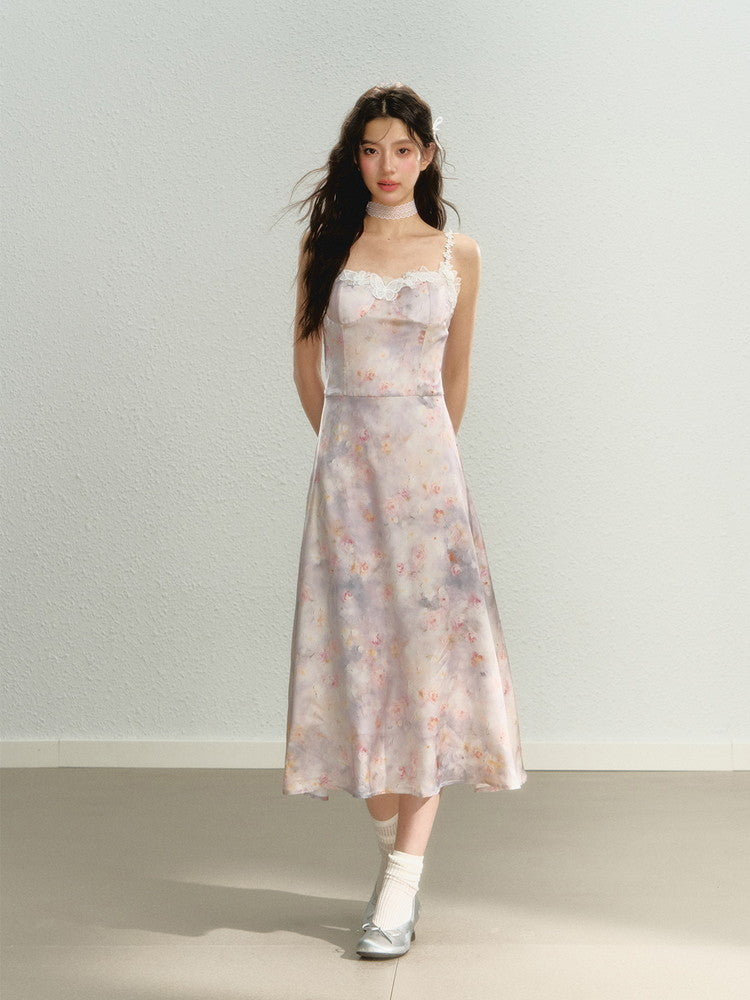 Flower Pale-Tone Lace Butterfly Camisole Dress