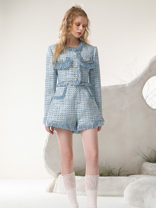 Jacket＆Short-Pants Tweed Tassel Suit Knit Sweet Set-Up