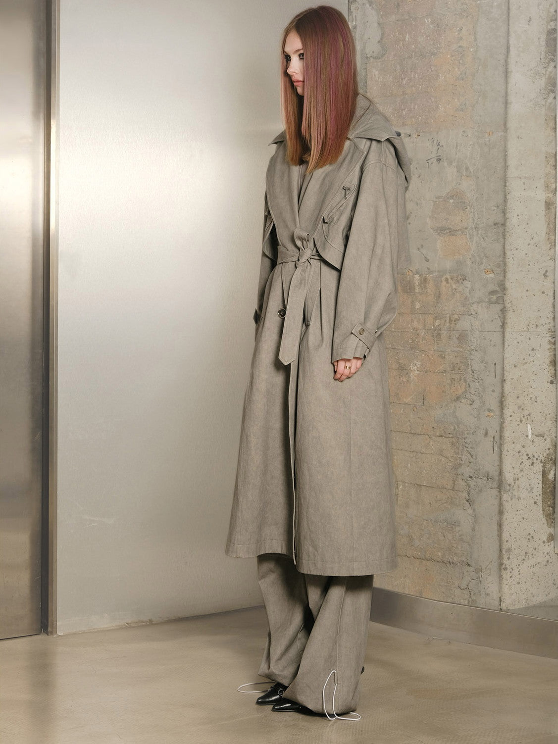 Hoddie Belt Classy Oversize Plain Trench-Coat Long-Coat