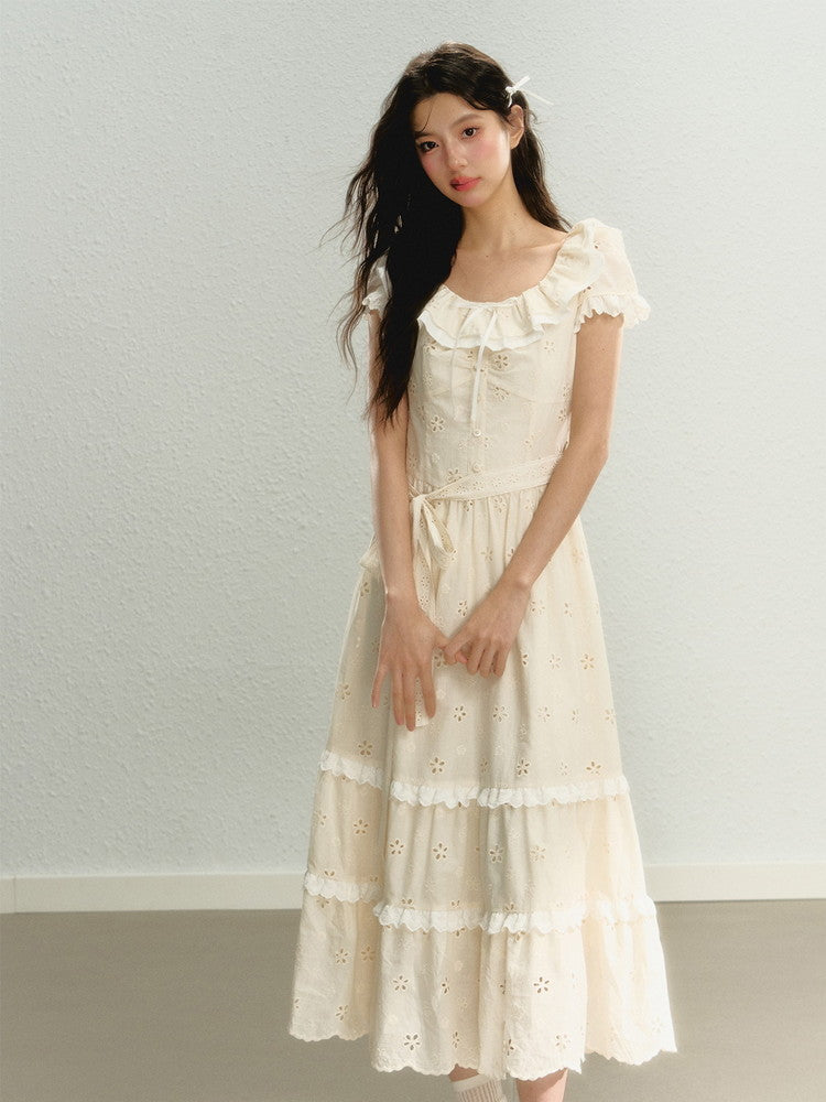 Punching Flower Frill Tiered Girly Long Dress