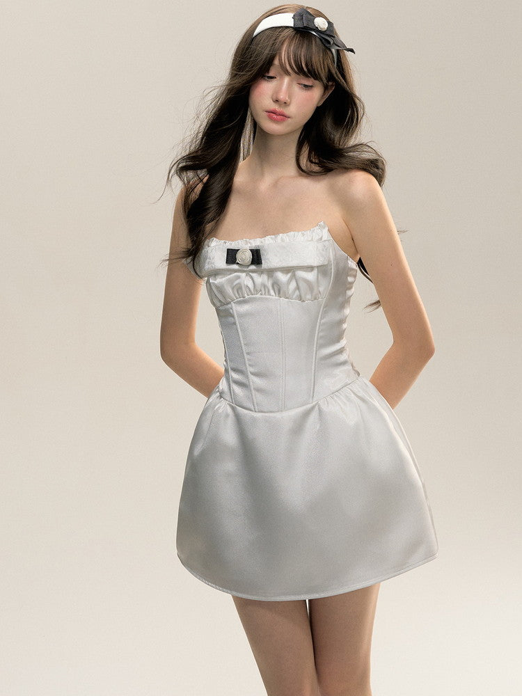 Satin Bare-Top Fluffliy Slim Short Dress＆bolero