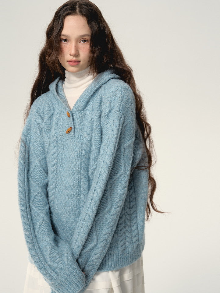 Retro Hoodie Natural Simple Oversize Cable-Knit