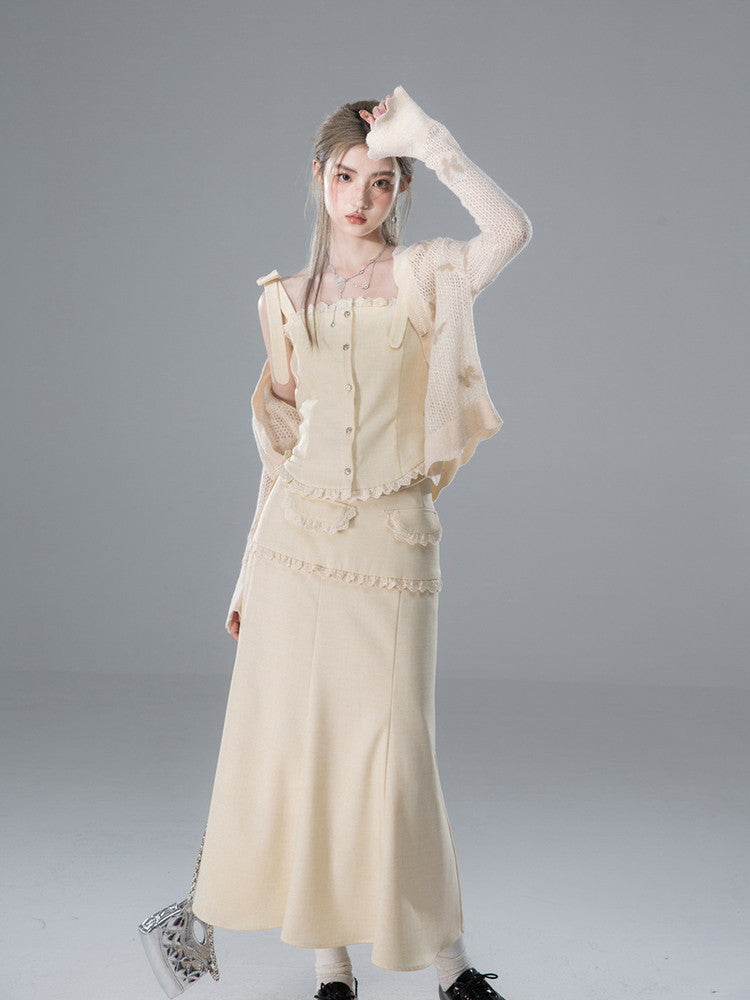 Vest&amp;Blouse＆Long-Skirt Frill Lace Suspenders Ribbon Set-Up