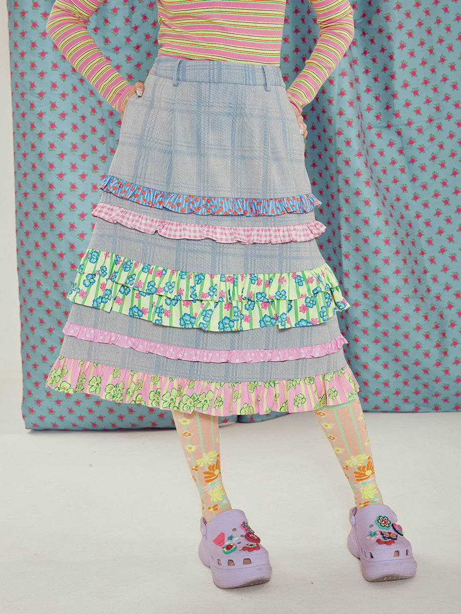 Denim Tiered Flower Checked Frill Fancy Skirt