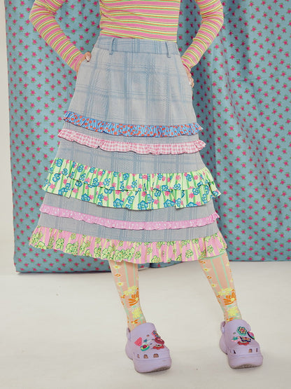 Denim Tiered Flower Checked Frill Fancy Skirt