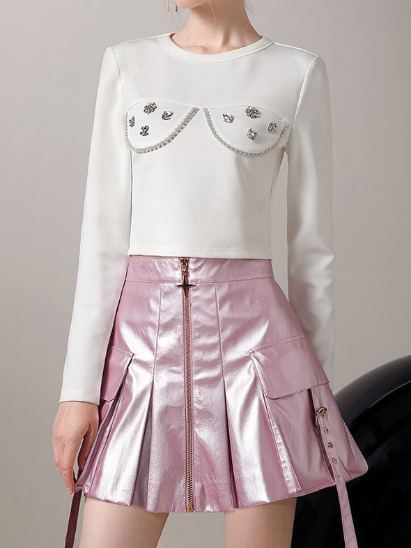 Glossy Metallic Pleats Flare Mini-Skirt