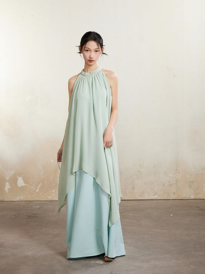 Refreshing American-Sleeve Long Layered Dlare Long Plain Dress