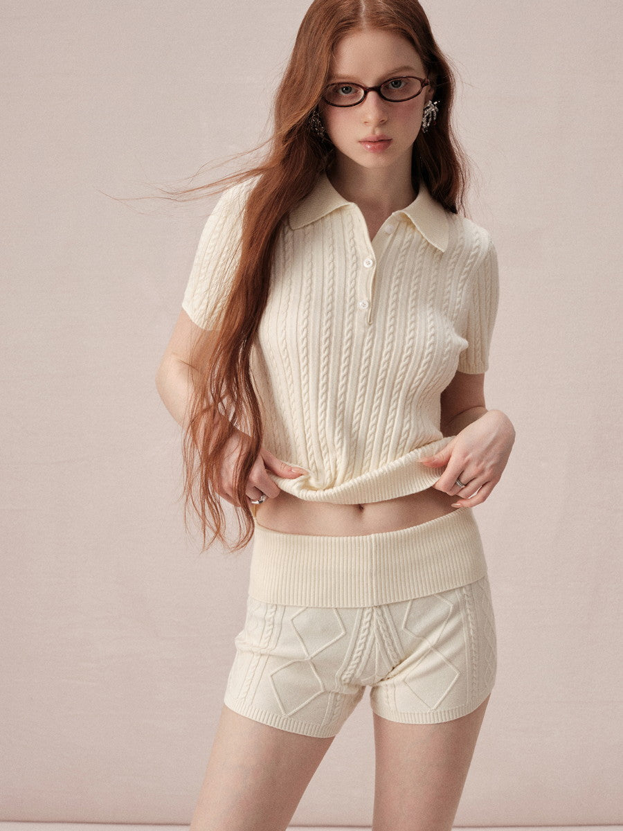 Cable-Knit Off-Shoulder Casual Relax Set-Up Tops＆Short-Pants