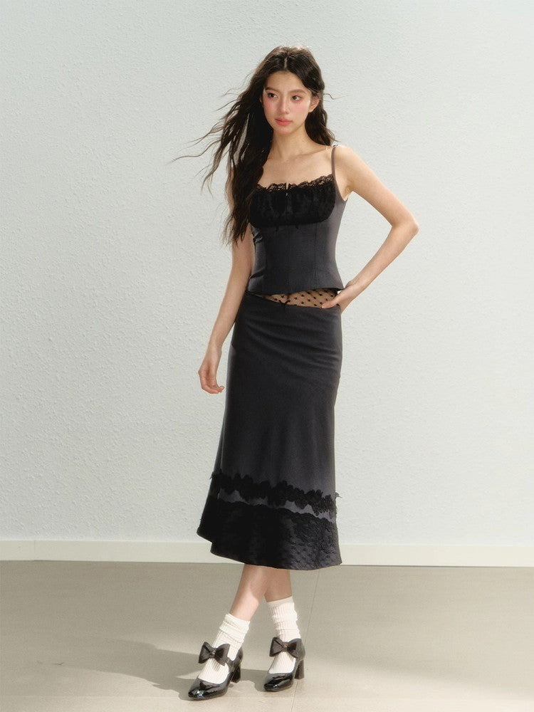 Set-Up Lace Ribbon Feminine Camisole＆Long-Skirt