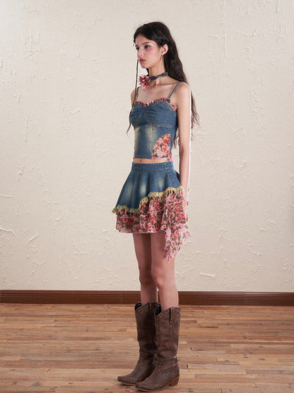 Denim Flower Mix Asymmetry Ciffon Feminine Tops&amp;Mini-Skirt